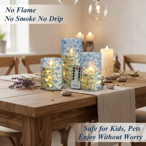 Image of Blue Floral Flameless LED Pillar Candles with String Lights, 3pcs Battery Operated Flickering Candles with Remote Timer, Decorative Flower Printed Candles for Wedding Home Decor Romantic Ambiance