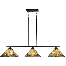 Tiffany Pool Table Lights Stained Glass Billiard Island Lighting | Mission Style Large Antique 3-Lights Pendant Lamp for Dining Room Kitchen Counter Snooker Table Adjustable Height