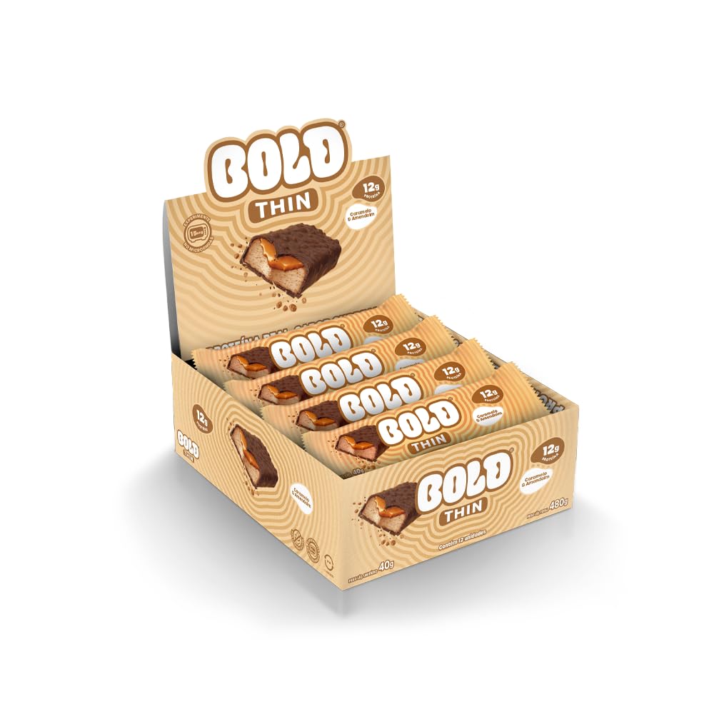 Caixa com 12 unidades da Barra de Proteína BOLD Snacks Thin Caramelo & Amendoim