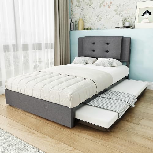 buiesjole Cama de día, cama doble, doble con patas metálicas plegables y abatibles, sin colchón, simple y elegante, 90 x 200+90 x 190 cm, lino, gris