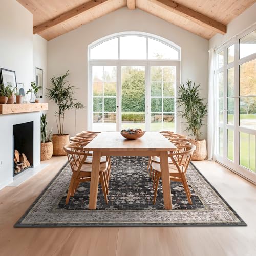 Image of Black Farmhouse Washable 8x10 Area Rugs for Living Room, Bedroom, Dining Room Kitchen Table Rug for Under Table, Office, Dark Charcoal Tumble Stain Resistant Non-Slip Large Washable (8x10 Black /Multi)
