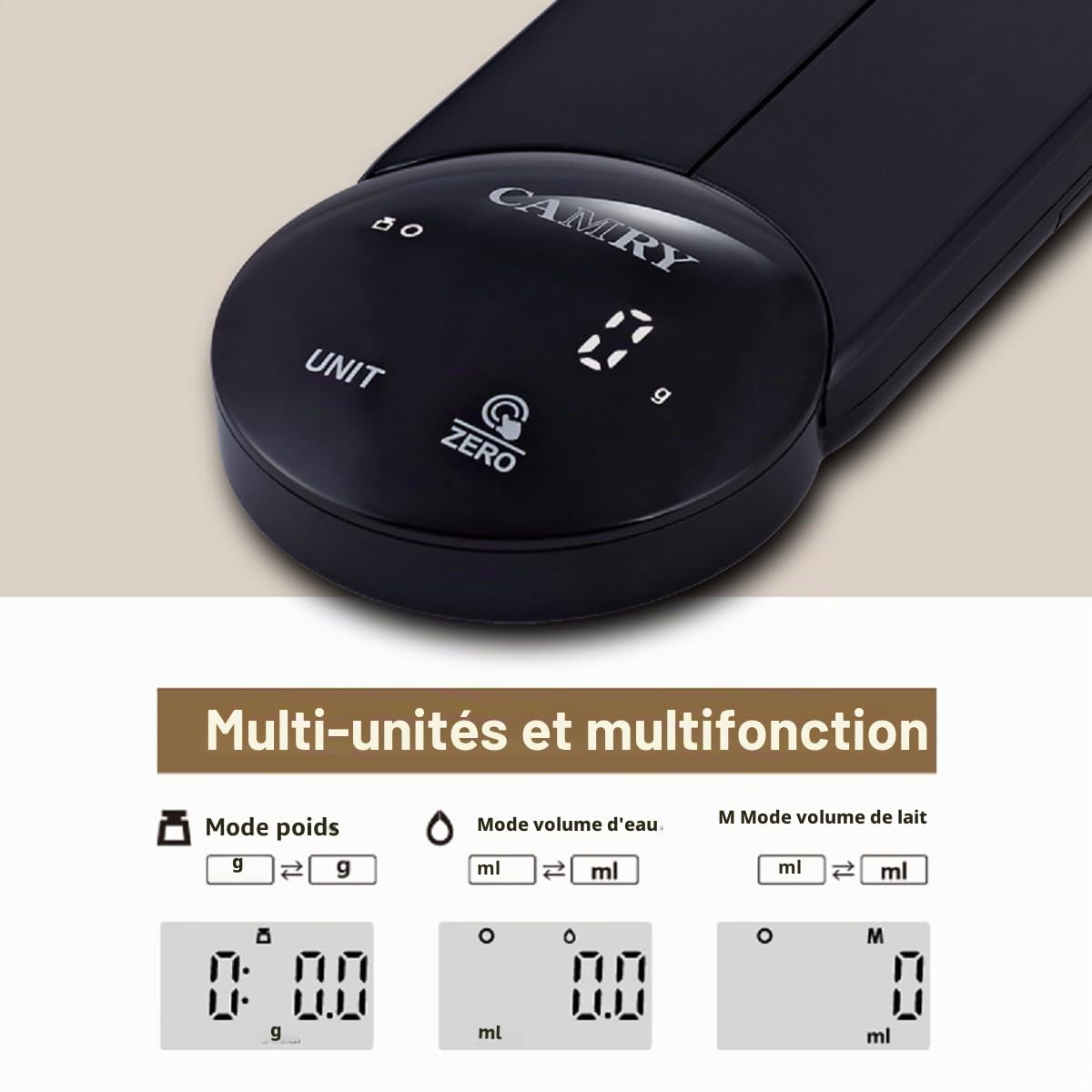 CAMRY EK2550 digital kitchen scale display showing different unit modes: weight (g), water volume (ml), and milk volume (ml).
