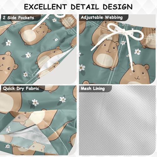 Pigsaly Boys Swim Trunks Capibara Capybara Flowers Green Boys Board Shorts Swimsuit Swimwear Summer Bathing Suit S3