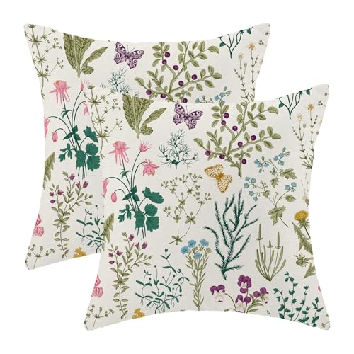 Image of AEIOAE Spring Pillow Covers 22x22 Inch Set of 2,Sage Green Teal Wild Flower Plant Throw Pillows Case,Seasonal Floral Outdoor Decorative Linen Farmhouse Decor Cushion Covers for Home Sofa Bed Couch