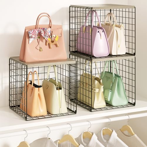 Stackable Purse Organizer for Closet, Wire Purse Storage with Wooden Top, Large Capacity Handbag Storage Basket for Closet Shelves, 3 Pack Breathable Handbag Organizer for Totes, Clutches & Backpacks