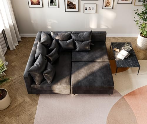 DELIFE Eckcouch Clovis Anthrazit Antik Optik mit Hocker Ottomane Links Ecksofa modular