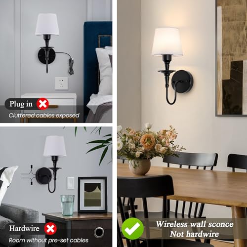 Image of EIDISUNY Vintage Wall Sconces Set of 2, Wireless Wall Lamp with RGB Rechargeable Dimmable Bulbs, Black Battery Operated Wall Sconce with Remote for Bedroom, Living Room, Hallway Bulbs Included