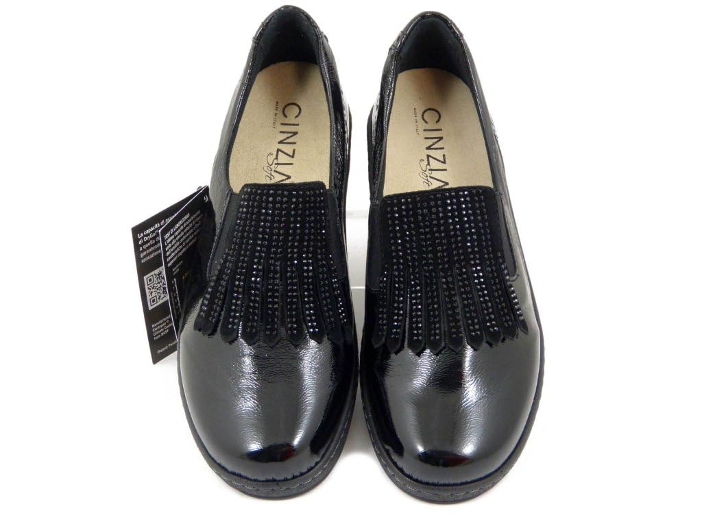 Cinzia Soft Mocassini Donna Scarpe Linea Ortopedica Sanitaria in Pelle Lucida Nero con Strass, Zeppa Bassa, Plantare Estraibile, 51162