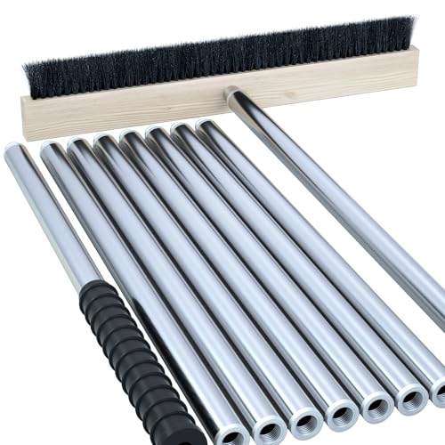 Leaf Roof Brush Cleaning Kit Stainless Steel Pole (Extends 2ft to 16.5ft) Includes Gloves & Rake for All Roof Types & Solar Panels