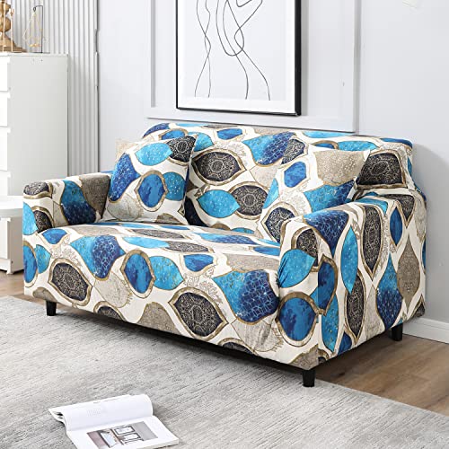 Image of HOKIPO Elastic Stretchable Sofa Cover 2 Seater, Blue Egyptian Art (AR-4094-D13)