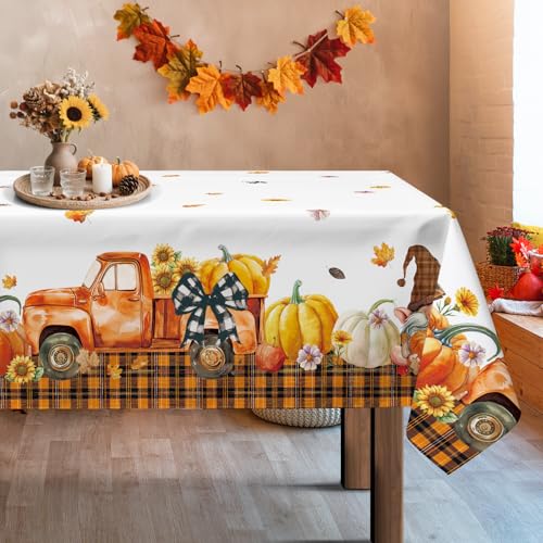 Arquiel Thanksgiving Gnomes Tablecloth Waterproof, Fall Pumpkins Maple Leaves Table Cloth Rectangle Stain Resistant, Washable Table Cover for Home Kitchen Dining Party Decoration (152 * 264cm)