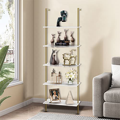 Aboxoo Ladder Shelf White Marble Open Bookshelf 5-Tier Wall-Mounted Wood Rack Industrial Modern Plant Flower Stand Utility Organizer Bookcase Metal Frame Furniture Office Kitchen Bedroom #TOP1