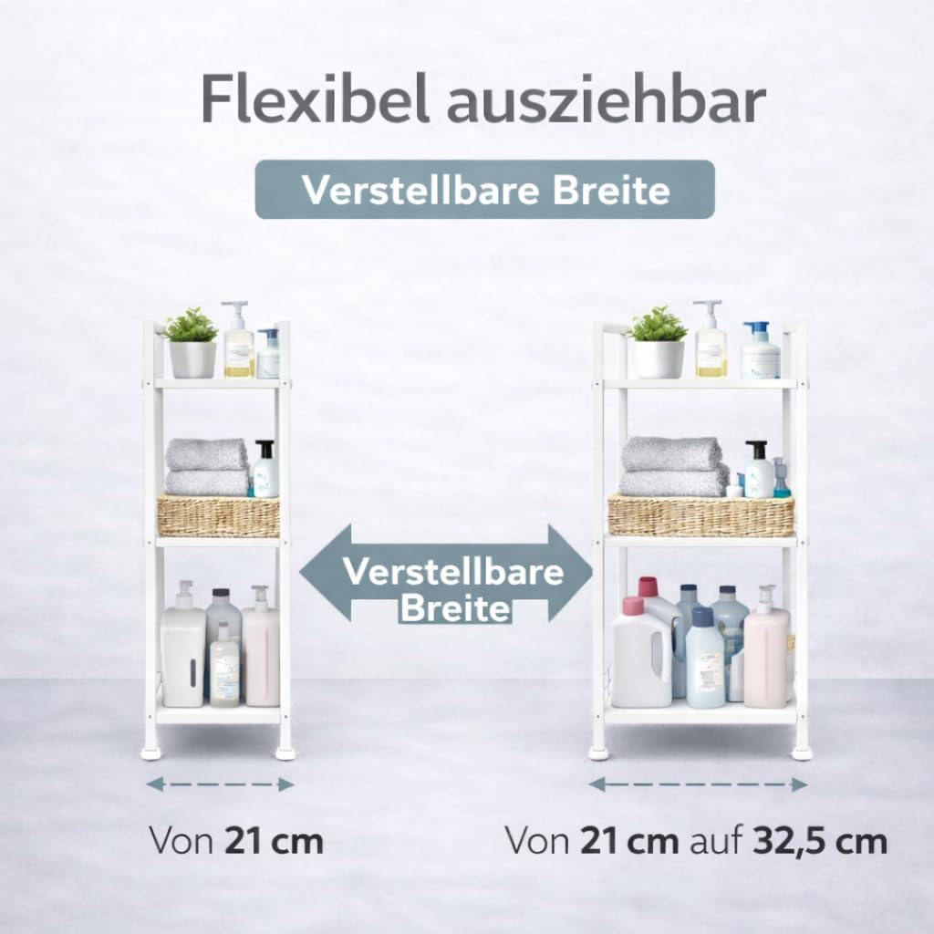 Verstellbares Nischenregal Metall – 21–32,5 cm ausziehbar – Schmales Badregal 3 Ebenen – Freistehend für Bad, Küche, Waschmaschine & Abstellraum – 60 kg belastbar