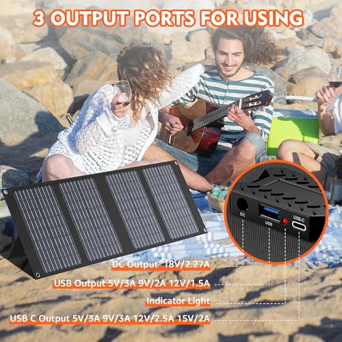 Apowking Portable Solar Panels 40W, Foldable Solar Panel Charger for 100-300W Portable Power Station, with Adjustable Kickstands, DC 18V Output, USB 3.0 and Type-C Ports for Camping Van RV Trip - Image 3