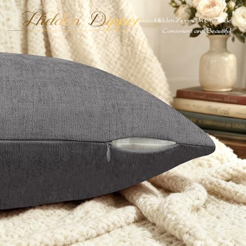 Image of BRAWARM Pack of 2 Throw Pillow Covers Cases for Couch Sofa Home Decoration Solid Dyed Striped Soft Chenille 16 X 16 Inches Neutral Gray