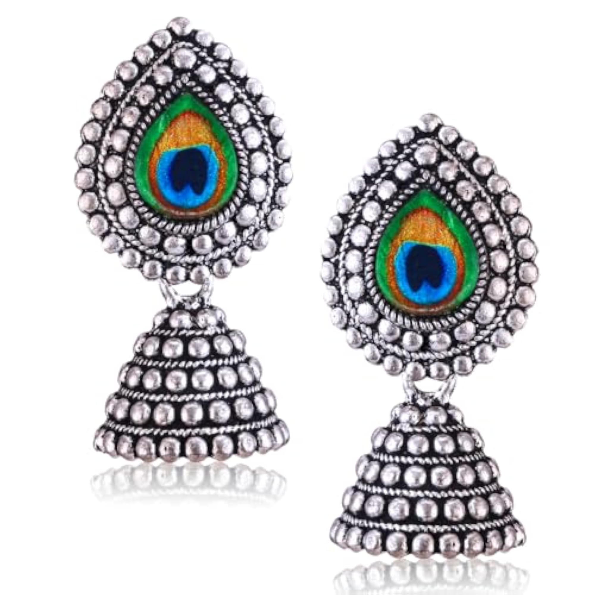 Elegant Women's Oxidised Silver Jhumka & Chandbali Earrings Combo