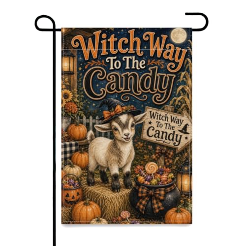 REZHOCH Halloween Goat Garden Flag 12x18 Inch Witch Way To The Candy Cauldron Pumpkin Hay Bale Sunflower Cornstalk Rustic Farmhouse Outdoor Yard Lawn Porch Double Sided Banner Decor