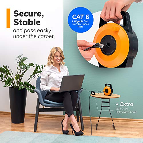 Extngo Retractable Network Cable Extender, 50 Ft (15 Meter) Cat 6 Ethernet Cable Flat-Portable 1Gbps Data Speed-Swiftly Setup Temp Networks-Cascadable Male-Female Rj45 Connector-Utp Cable Reel #TOP5