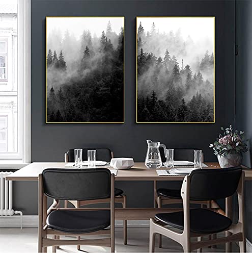 Wall Art Zwart-wit Natuur Prints Bos Boom Posters Mistig Bos Landschap Canvas Schilderij Foto Woonkamer Decor 70x100cm (28x39in) x2 Frameloos - Afbeelding 4