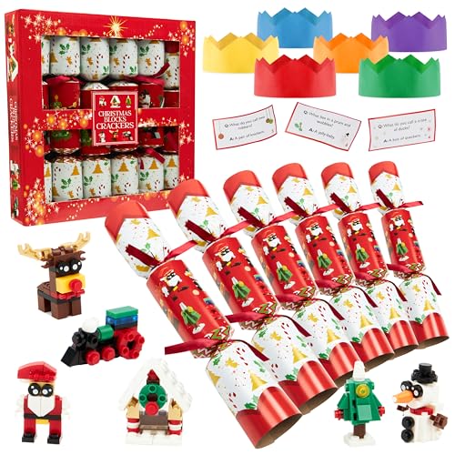 KreativeKraft Christmas Crackers con Sorpresa, Pacco da 6 Xmas Crackers per Tavola e Feste di Natale, Decorazioni Natalizie, Idea Regalo (Rosso Giochi a Blocchi)