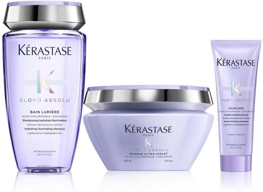 KÉRASTASE Blond Absolu – Brillo y reparación para cabello rubio – Trenzado y blanqueado – con ácido hialurónico – Champú (250 ml) + acondicionador (75 ml) + máscara (250 ml)