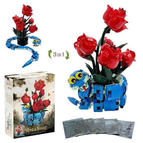 Image of Rose & Snake Lighting Building Set, Compatible with Lego, 3-in-1 Creative Flower Bouquet & Animal Model for Home Decor and Gifting, 778PCS