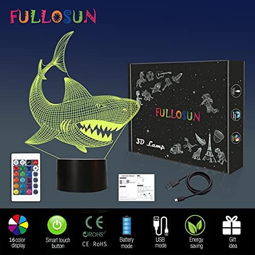 FULLOSUN Shark 3D Illusion Night Light Animal Touch Table Desk Lamp, with Remote Control 16 Colors Optical USB LED Nightlight for Kids Gift Room Decoration