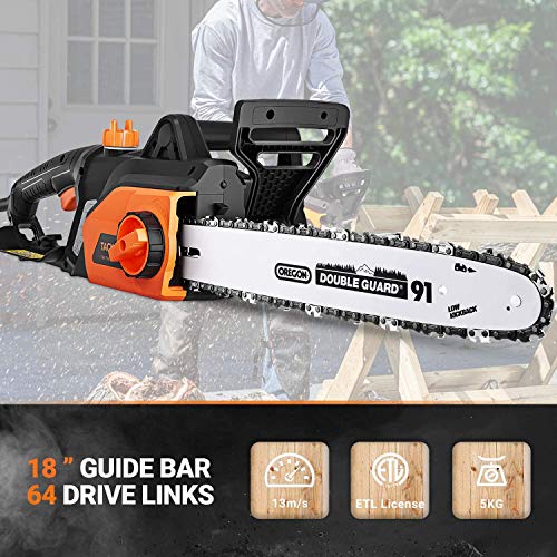 TACKLIFE 15 Amp Electric Chainsaw, 18-Inch Chain Bar Corded Chainsaw, 13m/s Chain Speed, Tool-Free Chain Tensioning, Auto Oiling, Copper Motor, Lightweight