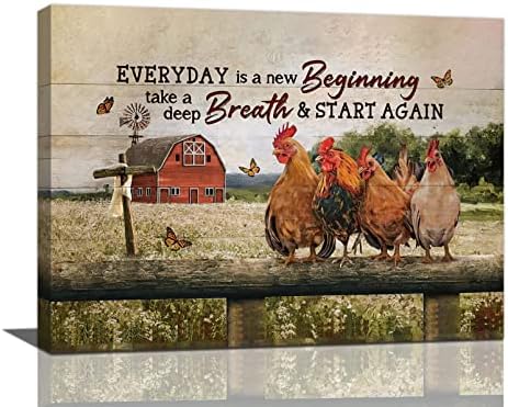 Farmhouse Rooster Kitchen Wall Art Rustic Funny Animals Chicken Old Barn Cross Pictures Wall Decor Farm Inspirational Quotes Canvas Print Framed Modern Painting Artwork for Bedroom Living Room 16"x12"