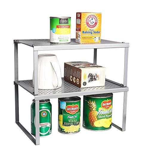 2-Pack Kitchen Bathroom Cabinet and Counter Shelf Organizer Stackable Expandable Storage Rack Spice Rack, 12.7'' L x 9'' W x 6'' H, Sliver