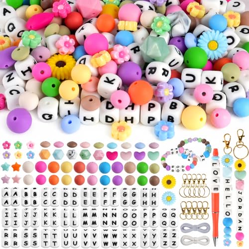 239Pcs Silicone Beads for Keychain Making 12mm Silicone Letter Beads Bulk 12mm 15mm Round Rubber Bead Bracelet Kit for Pens Necklace Jewelry Making DIY Crafts Gifts (Multicolor)