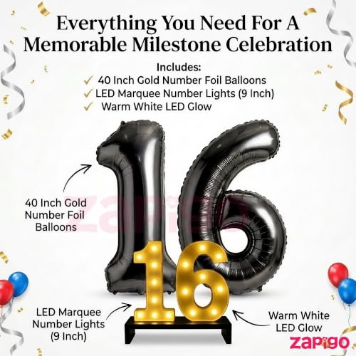 Image of Balloonistics Black 40-Inch Foil Number 10 Balloon with Matching LED Marquee Light - Combo Set for 10th Birthday, Anniversary, Party Decoration, Photo Booth Backdrop, Cake Table Decor