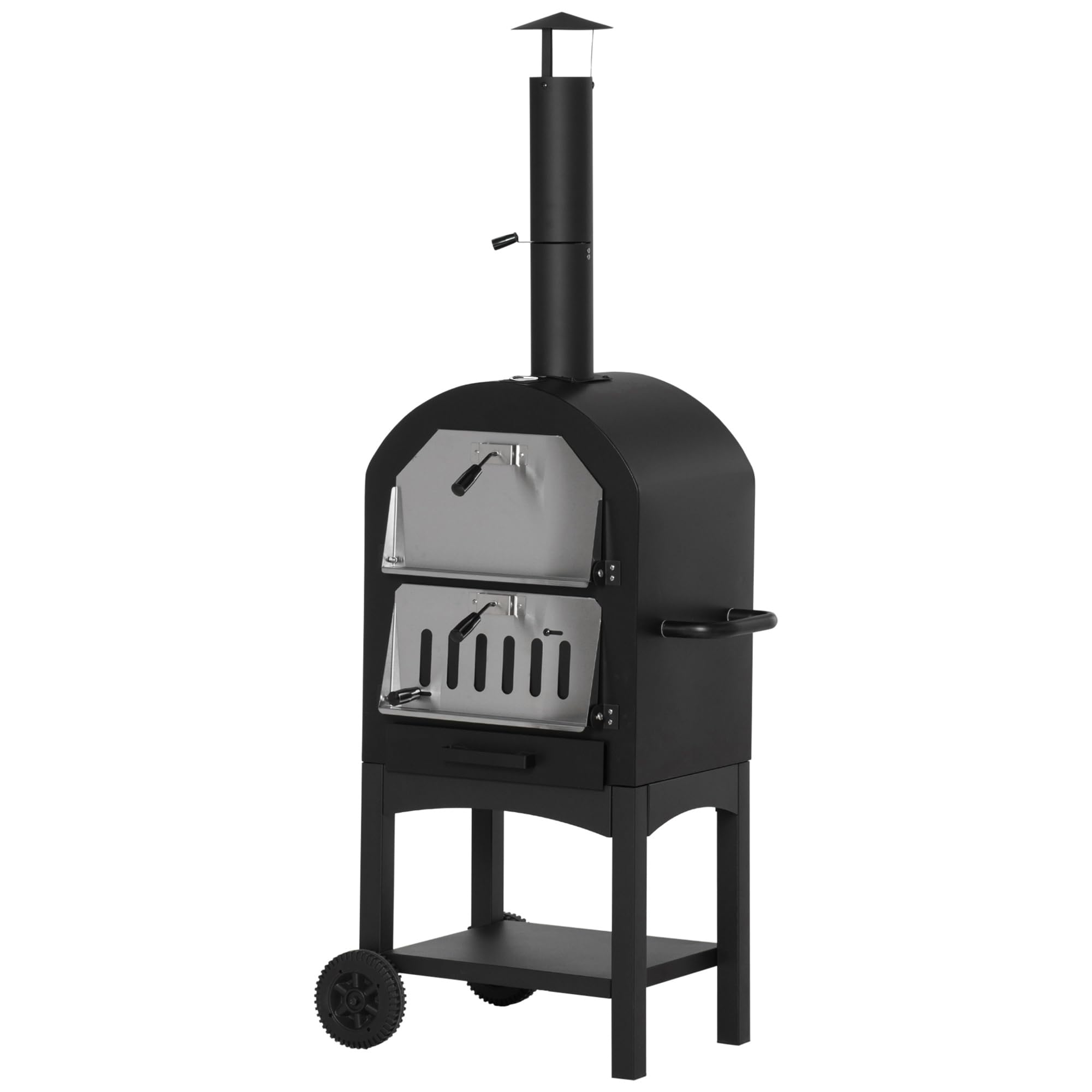 Outsunny Forno per Pizza e Barbecue a Carbone Portatile, Forno a Legna per Esterno con Ruote in Acciaio con Camino e Ripiano Inferiore, 63x54x161 cm, Nero