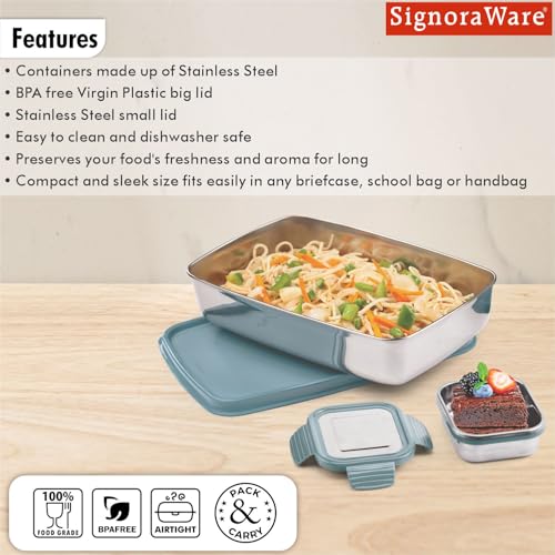 Image of SignoraWare Munch Mate Stainless Steel Lunch Box | Airtight & Leakproof | Durable & Compact | Easy to Carry | Ideal Tiffin for Office, School & Travel (550ml + 130ml | EBlue)