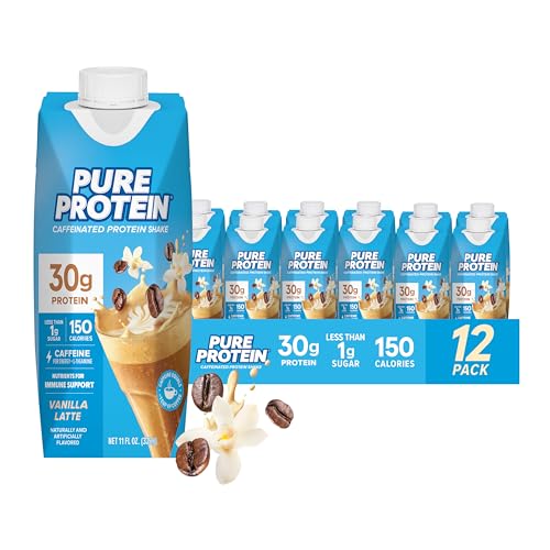 Image of Pure Protein Ready to Drink Protein Shake, Vanilla Latte, 30g Protein, Caffeine for energy + L-Theanine, 150 Calories, Less than 1g Sugar, 4g Fiber, Non-GMO, 11oz Bottles, 12 Pack