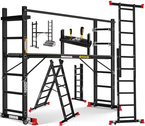 MASKO® Alugerüst 4in1, Baugerüst, Arbeitsgerüst & Gerüstleiter, Mehrzweckleiter als Anlegeleiter, Treppenleiter & Arbeitsbühne, bis 150kg belastbar, Anti-Rutsch beschichtet, GS geprüft EN131 + Ablage