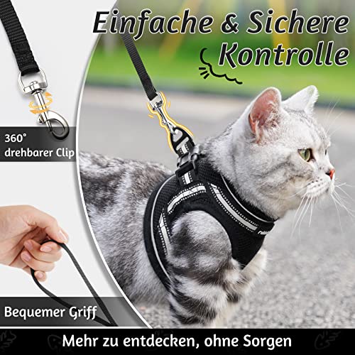 rabbitgoo Katzengeschirr mit Leine Ausbruchsicher, Katzenleine mit Geschirr, Katzengeschirr Kitten Verstellbar Weich Kätzchenweste mit Reflektierenden Streifen für Extra Kleine Katzen, Schwarz S