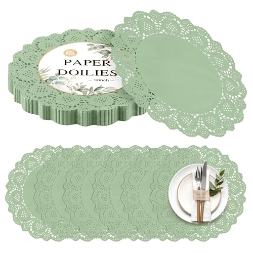 Kochorie 150 Pieces Lace Paper Doilies 12 Inches Round Sage Green Paper Doilies Disposable Decorative Placemats for Food Cakes Crafts Party Weddings Tableware Decoration