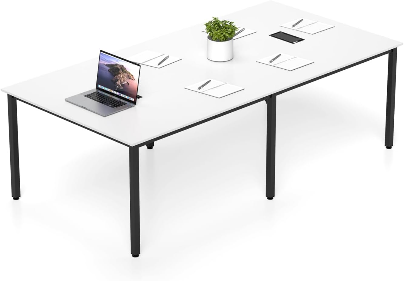 Nightcore Rectangle Conference Table for 10, 8 ft Large Seminar Table with 2 Cable Grommets, Modern Industrial Office Computer Desk with Metal Legs for Boardroom, Meeting Room, White