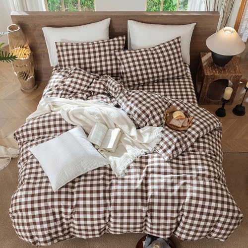 Image of MooMee Gingham Duvet Cover Set 100% Washed Cotton Linen Like King | Relaxed Linen-like Texture. Soft, Breathable & Long-lasting Comfort. Lightweight. Hidden Zipper with 8 Interior Corner Ties