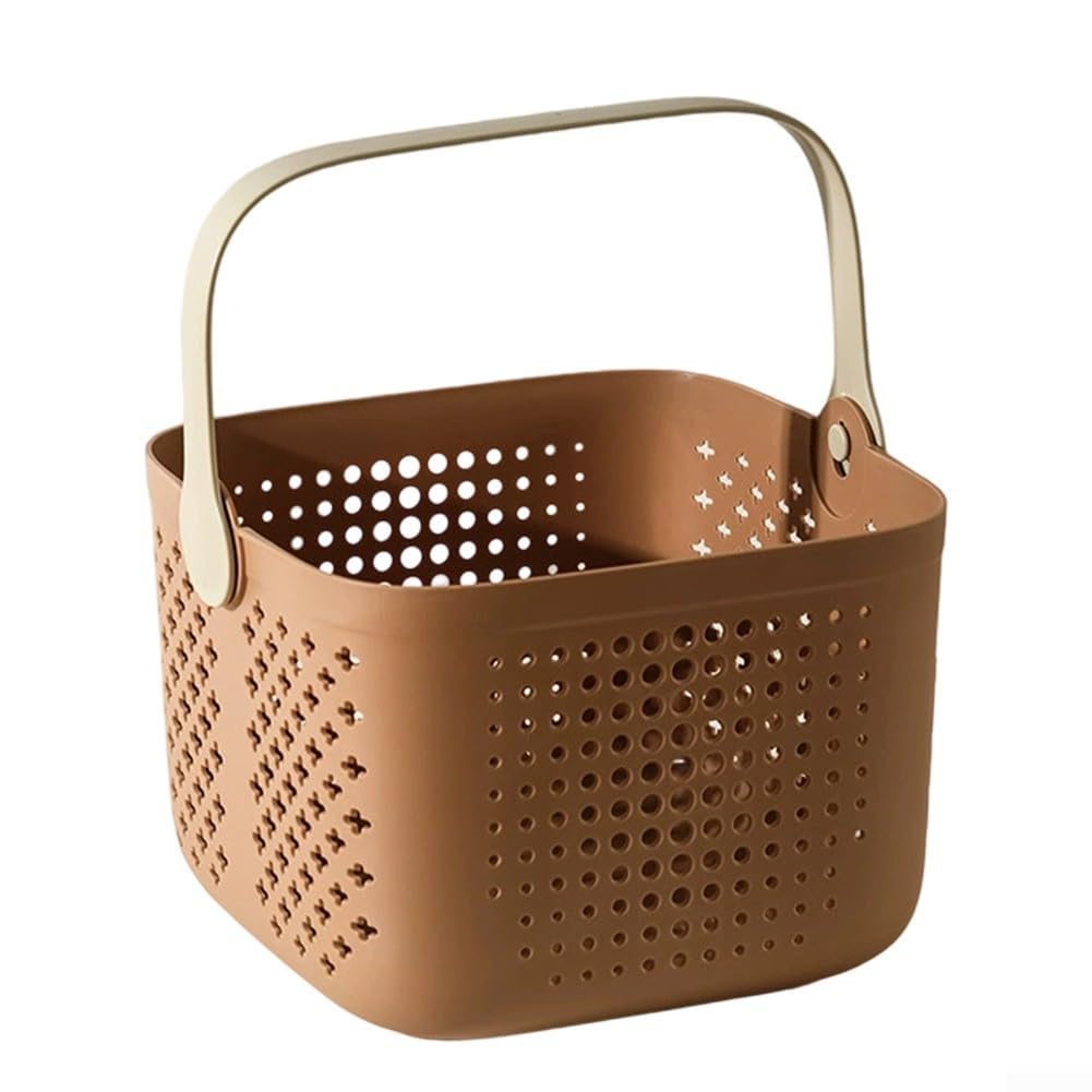 Portable with Drainage Holes, Bathroom Storage Tote for Dorm, Gym Toiletry Bag and Camping, Plastic Kitchen Cleaning Organiser Basket with Handle(brown)
