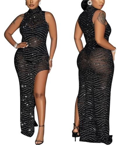 Image of PORRCEY Women's Sexy Elegant Rhinestone Sleeveless Party Club Night Hot Drilling Clubwear Evening Dresses