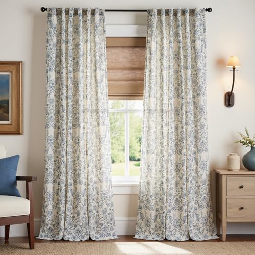 Image of jinchan Linen Floral Curtains for Living Room with Printed Flower 96 Inches Long Light Filtering Farmhouse Window Treatment Vintage Drapes Back Tab Rod Pocket 2 Panels Blue on Beige