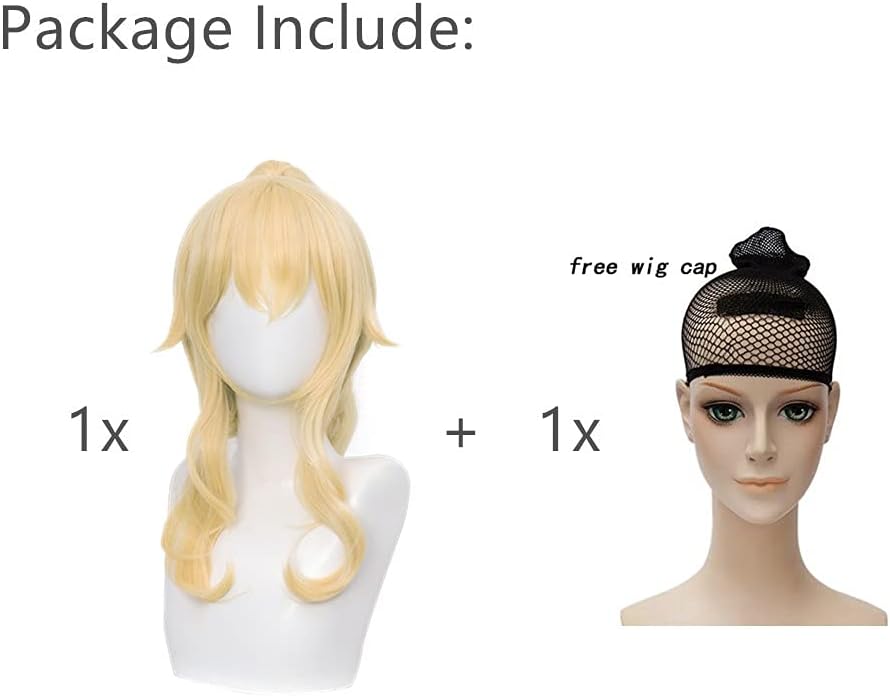 Wiggy Mermaid (Blonde 3) - SL Wavy Blonde Ponytail Wig for Jean Genshin Impact Game Role Anime Cosplay Hair Wigs with Pigtails Bangs + Cap