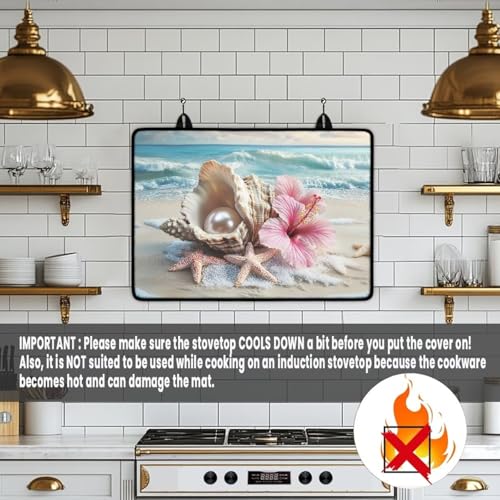 Image of Beach Starfish Seashell Flower Stove Cover 30 inchx21 inch Heat Resistant Multi-Functional Counter Protector Non-slip Waterproof Mat for Glass Stovetop Protector Easy to Clean