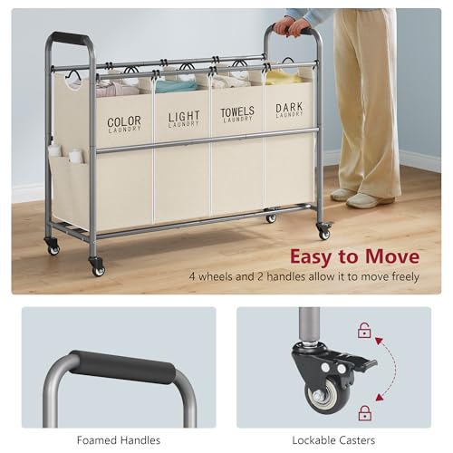 Tajsoon 4 Bag Laundry Sorter Cart, 4 Section Laundry Hamper Sorter with Heavy Duty Lockable Rolling Wheels, Laundry Separator Hamper with Removable Bags for Dirty Clothes Storage, Beige