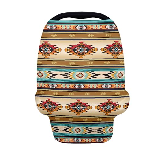 Image of JOAIFO Nativa American Indian Tribal Aztec Stripe Geometry Print Nursing Cover Breastfeeding Scarf Southwest Red Pattern Baby Car Seat Covers, Infant Canopy Stroller Coverage for Girls Boys