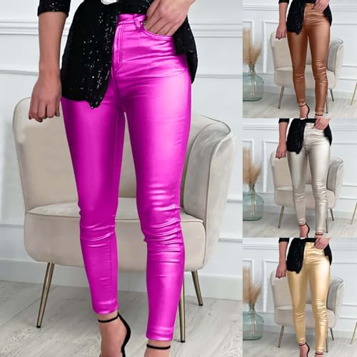 HGps8w Women's Metallic Shiny Leggings - High Waisted Faux Leather Pants Wet Look Skinny Glamour Tights2