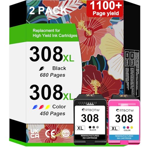 308XL   Cartucho de tinta compatible con HP 308XL para HP Envy 6110e, 6120e, 6122e, 6130, 6132e, 6532e (1 negro, 1 color)