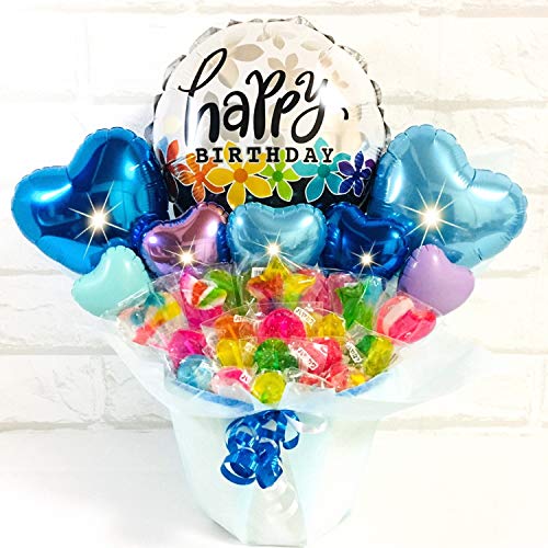 【ブルー】キャンディ20本付き バルーンギフト キャンディブーケ happybirthday